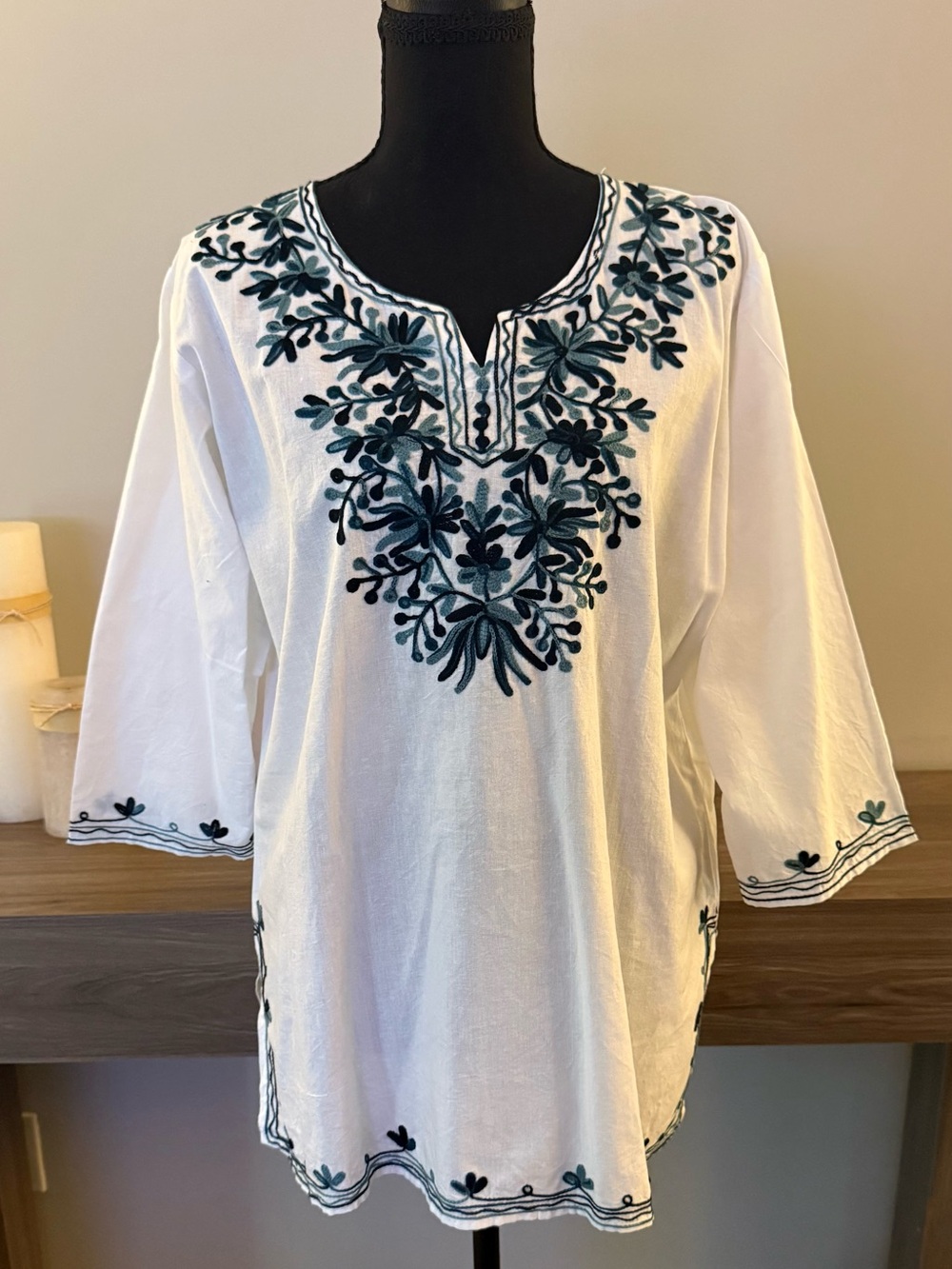 Authentic Embroidered Cotton Peasant Tunic Boho Folk Chic Made in India Size L